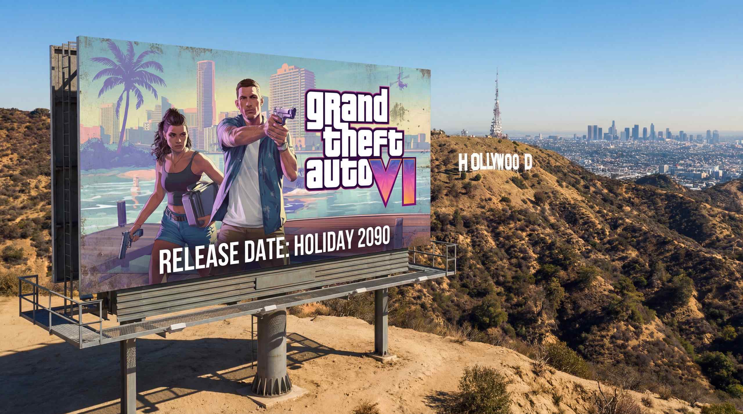 A billboard showing GTA VI release date of Holiday 2090